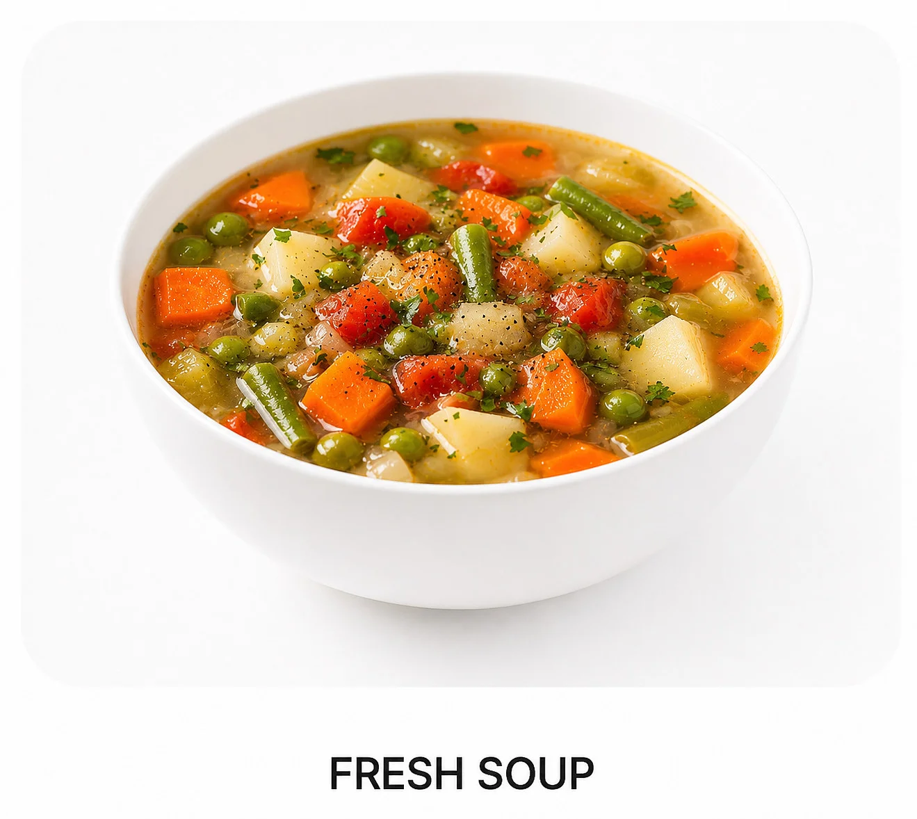 Hearty vegetable soup in a white bowl