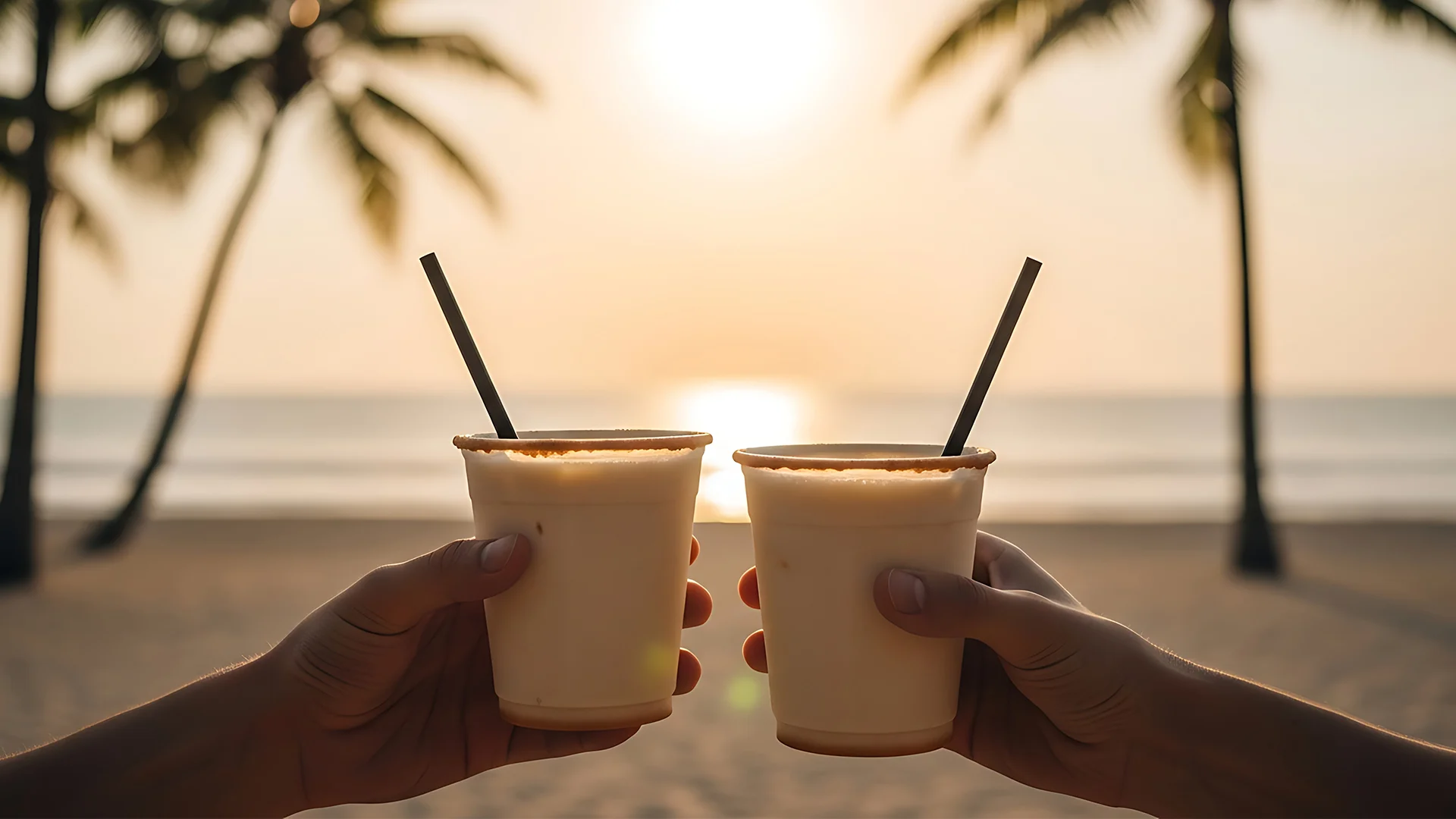 Tropical cocktails at sunset on a beach with palm trees
