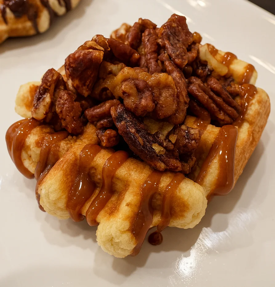 Southern-style pecan waffle with caramel drizzle