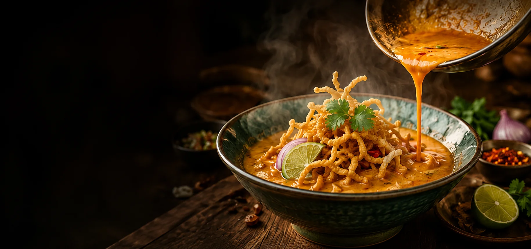 Bowl of Thai Khao Soi with crispy noodles and lime