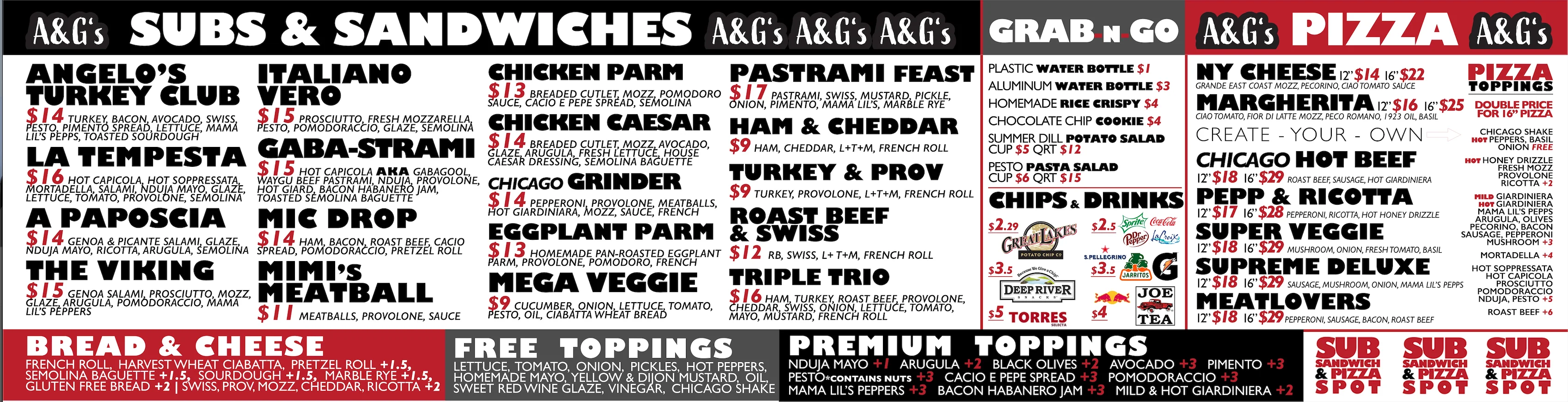 Menu board featuring a variety of pizza options and prices.