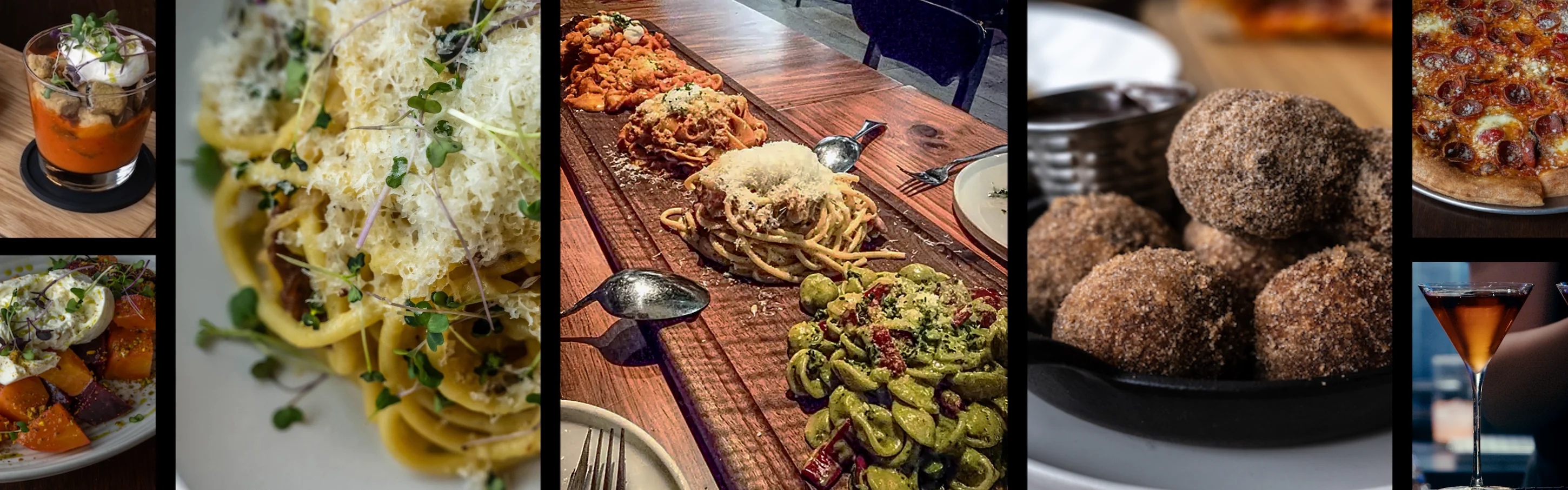 Italian pasta dishes served on a wooden platter with garnishes