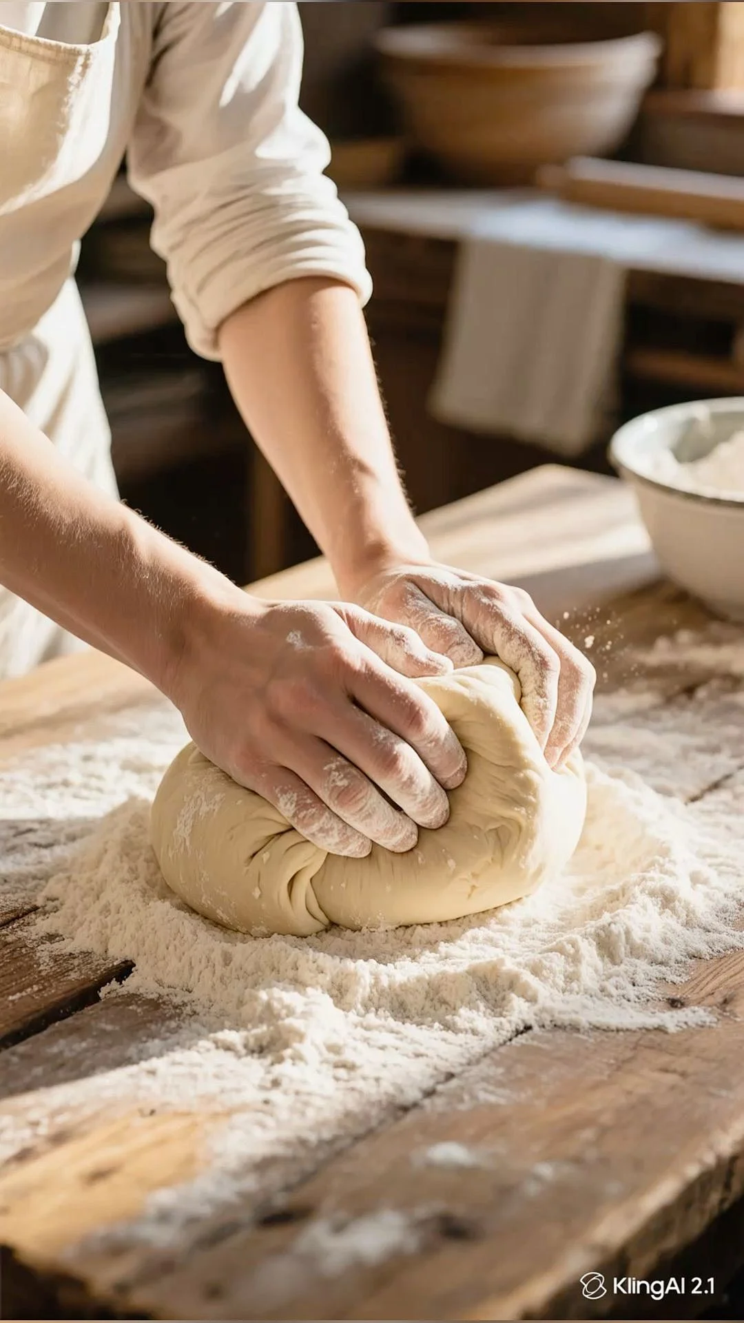 Baker kneading dough on a wooden table