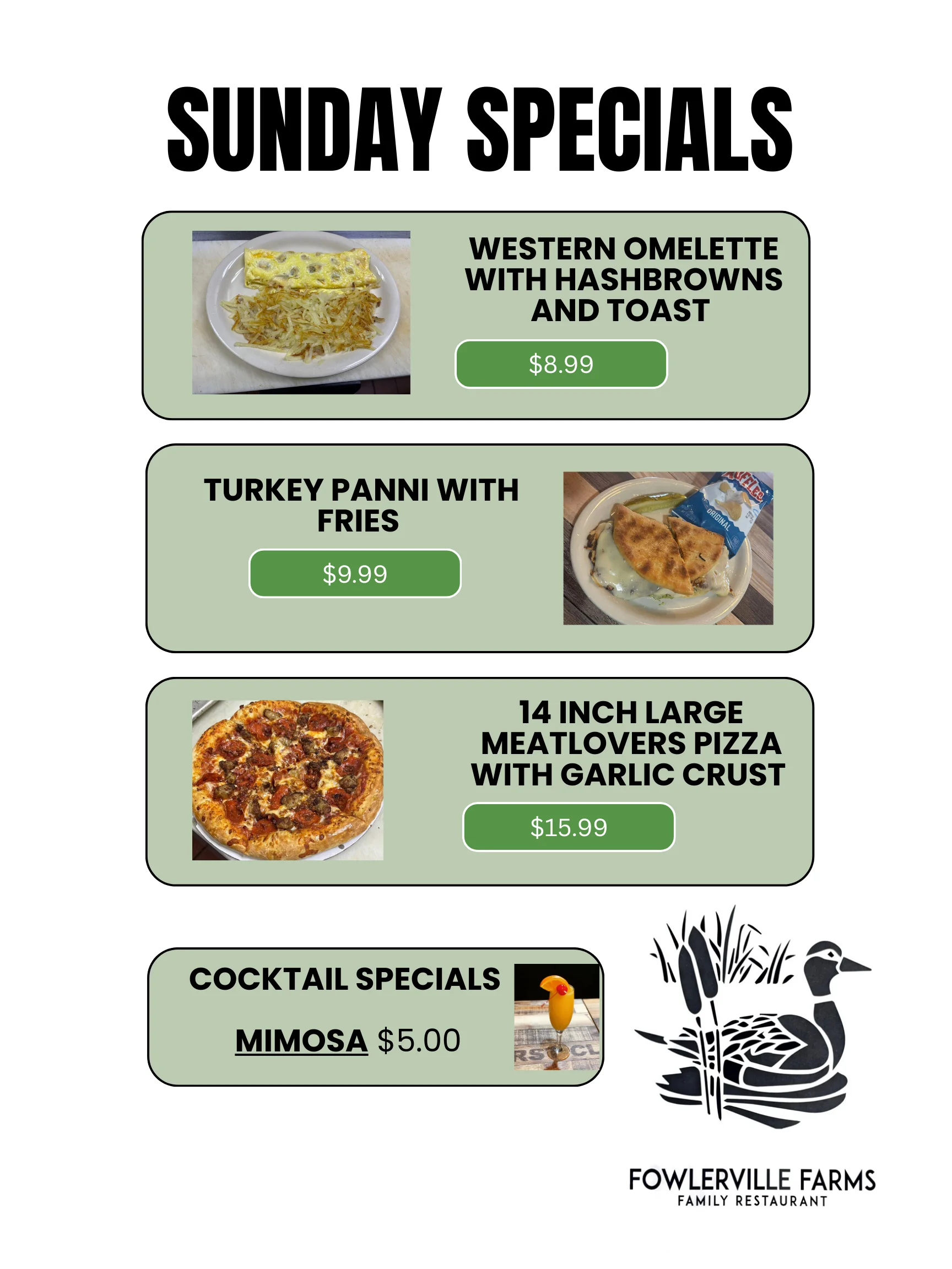 Sunday brunch specials at a family restaurant