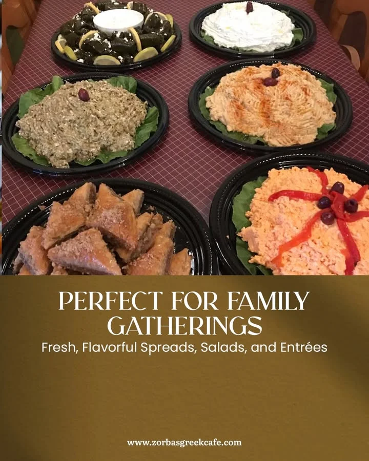 Assorted Greek mezze platters for family gatherings