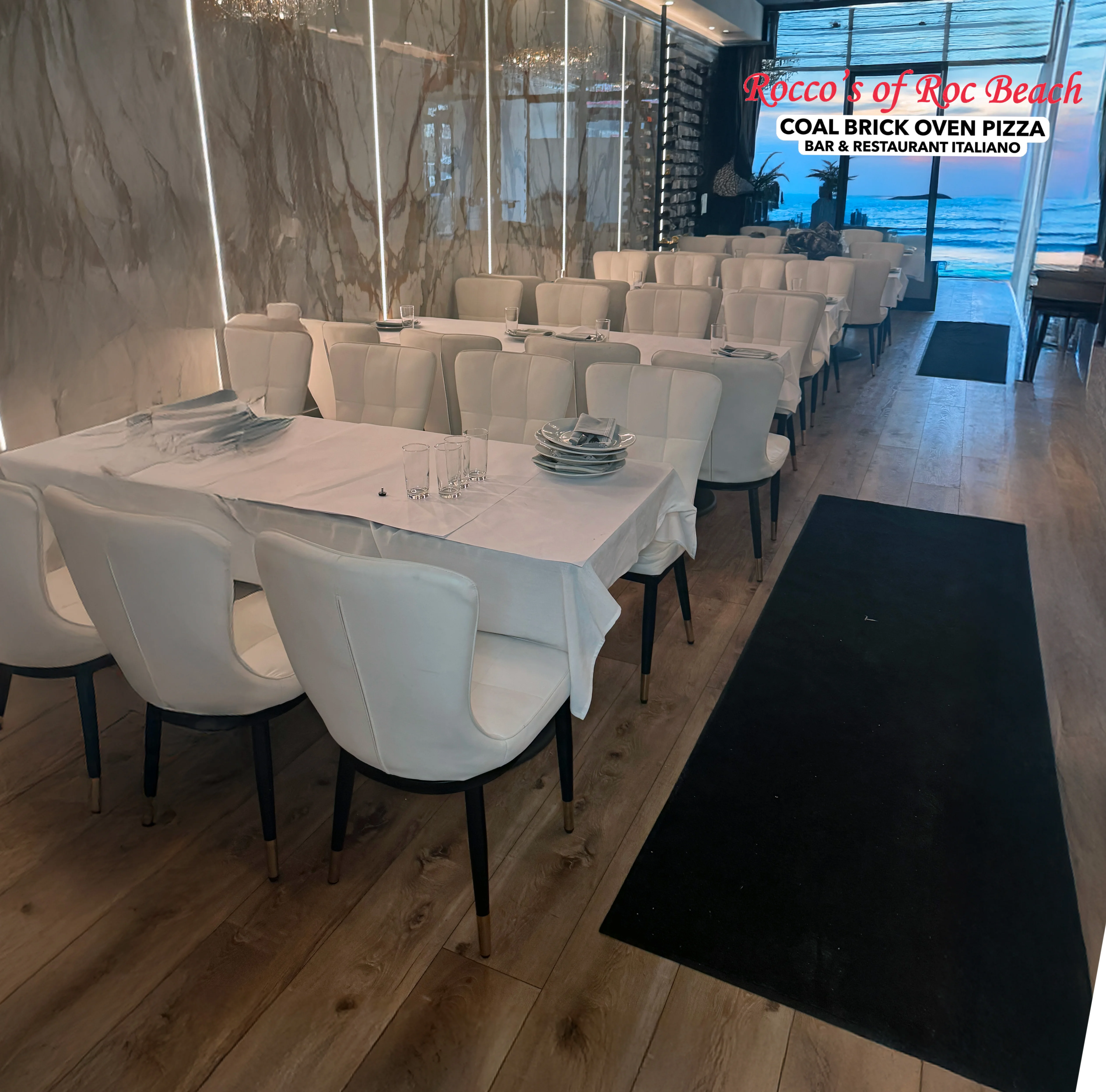Elegant restaurant interior with modern decor and wine display