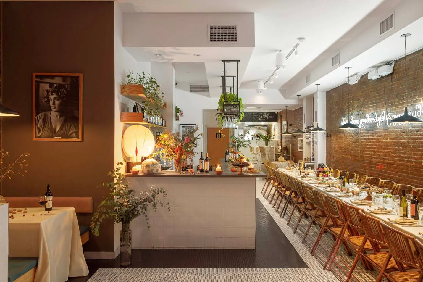 Cozy restaurant interior with warm lighting and rustic decor