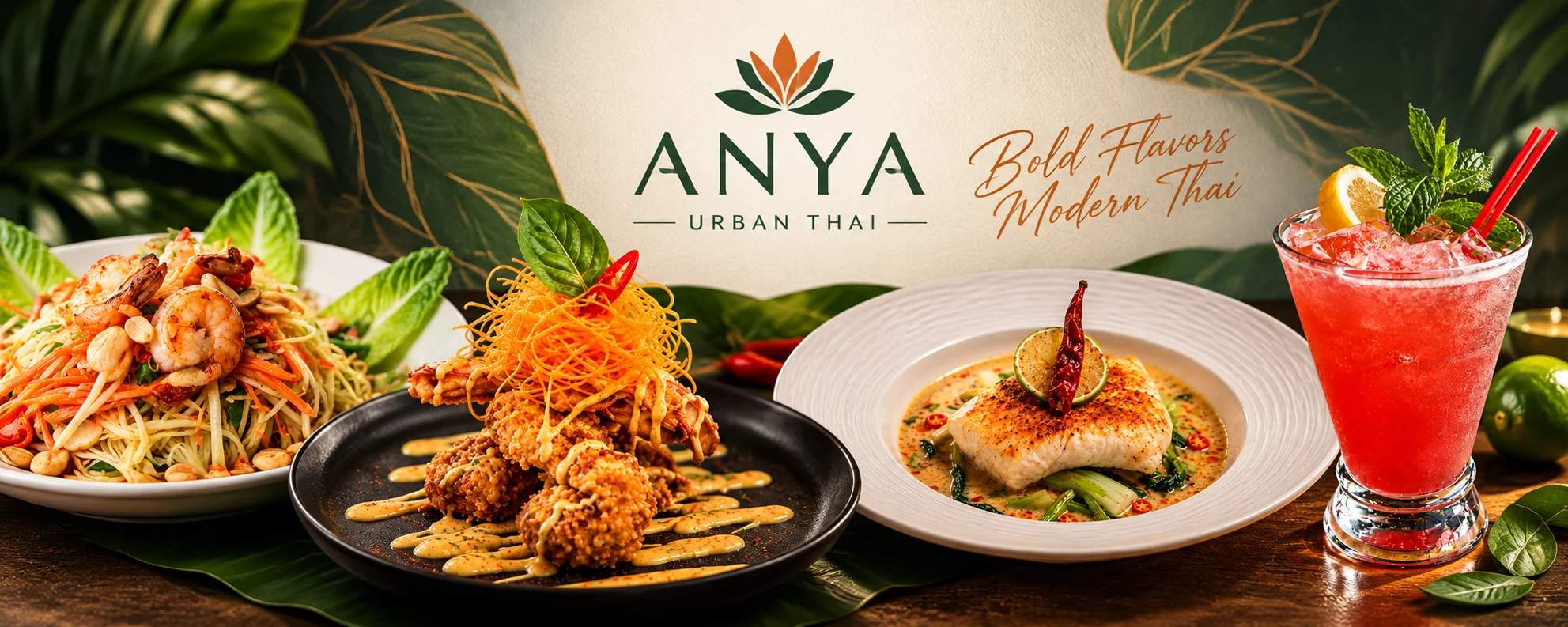Modern Thai restaurant spread with seafood salad, crispy chicken, rice, and red cocktail