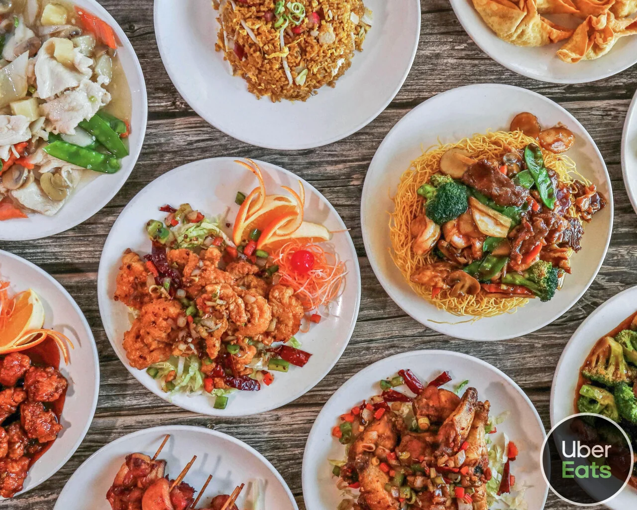 Assorted Chinese dishes including fried rice and noodles