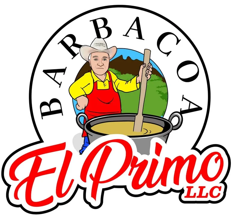 A colorful logo featuring a cartoon chef stirring a pot, promoting a barbacoa business.