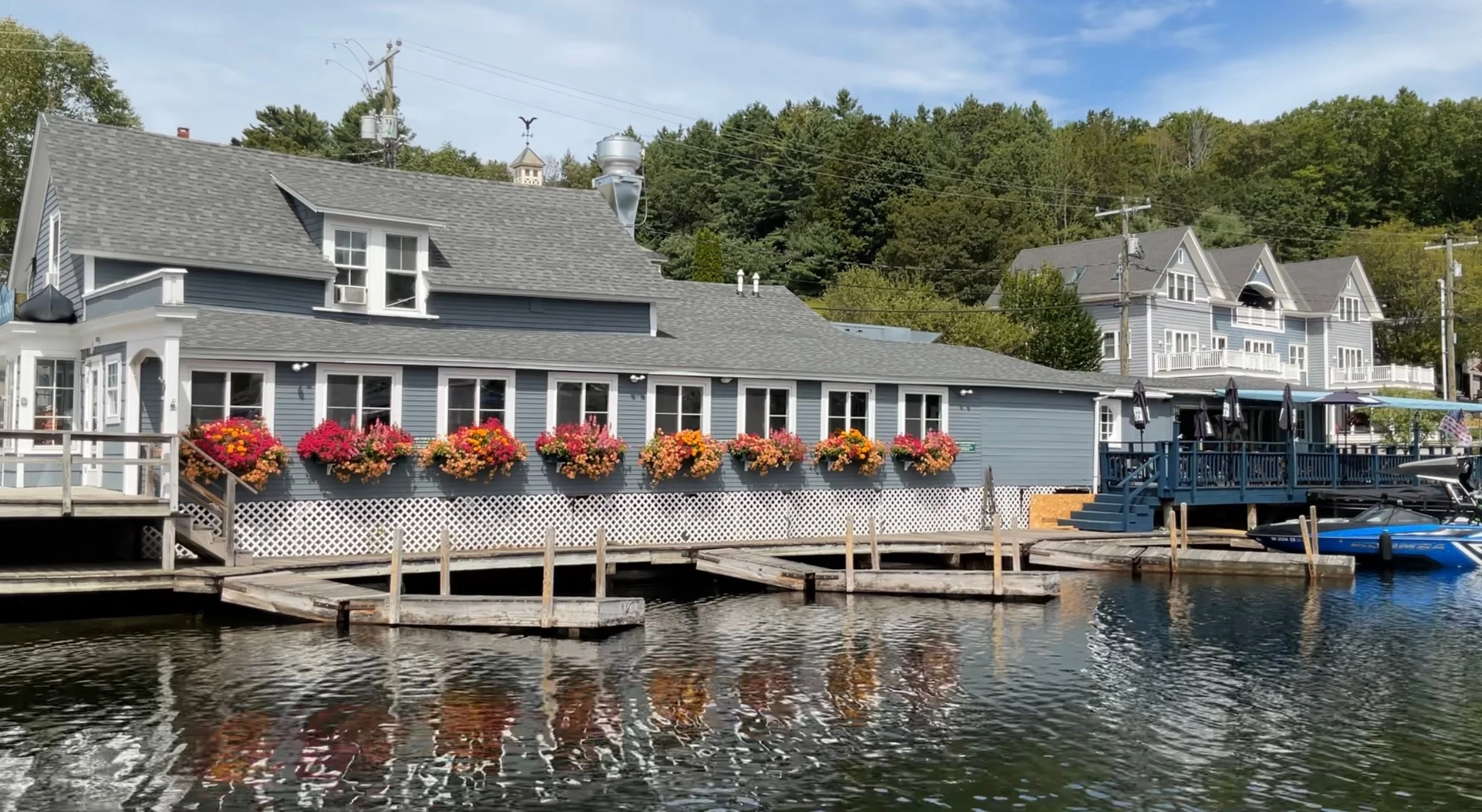 Charming waterfront restaurant with flower boxes