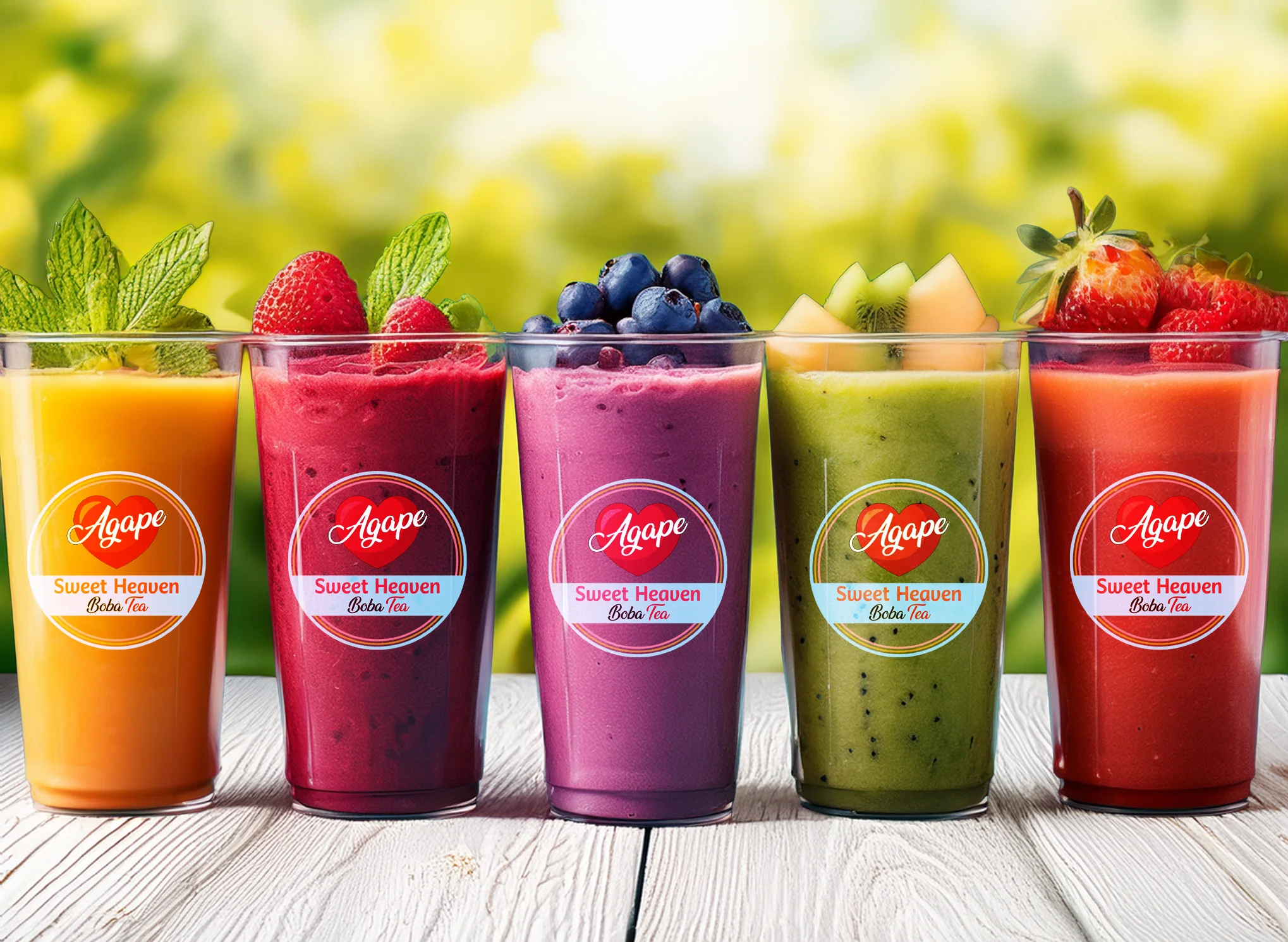 Colorful boba tea smoothies in clear cups