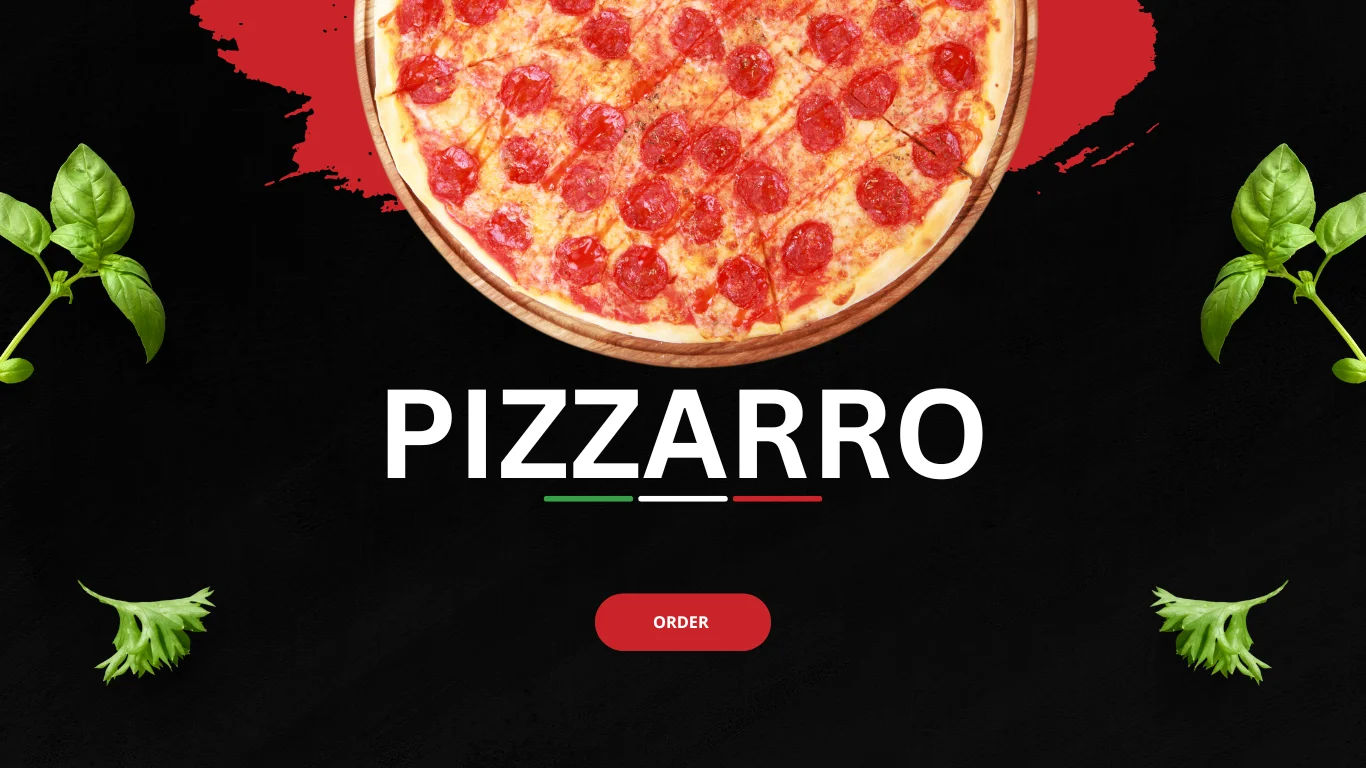 A delicious-looking pepperoni pizza placed on a dark surface, with fresh basil and herbs surrounding it, featuring the name 'PIZZARRO' prominently displayed.