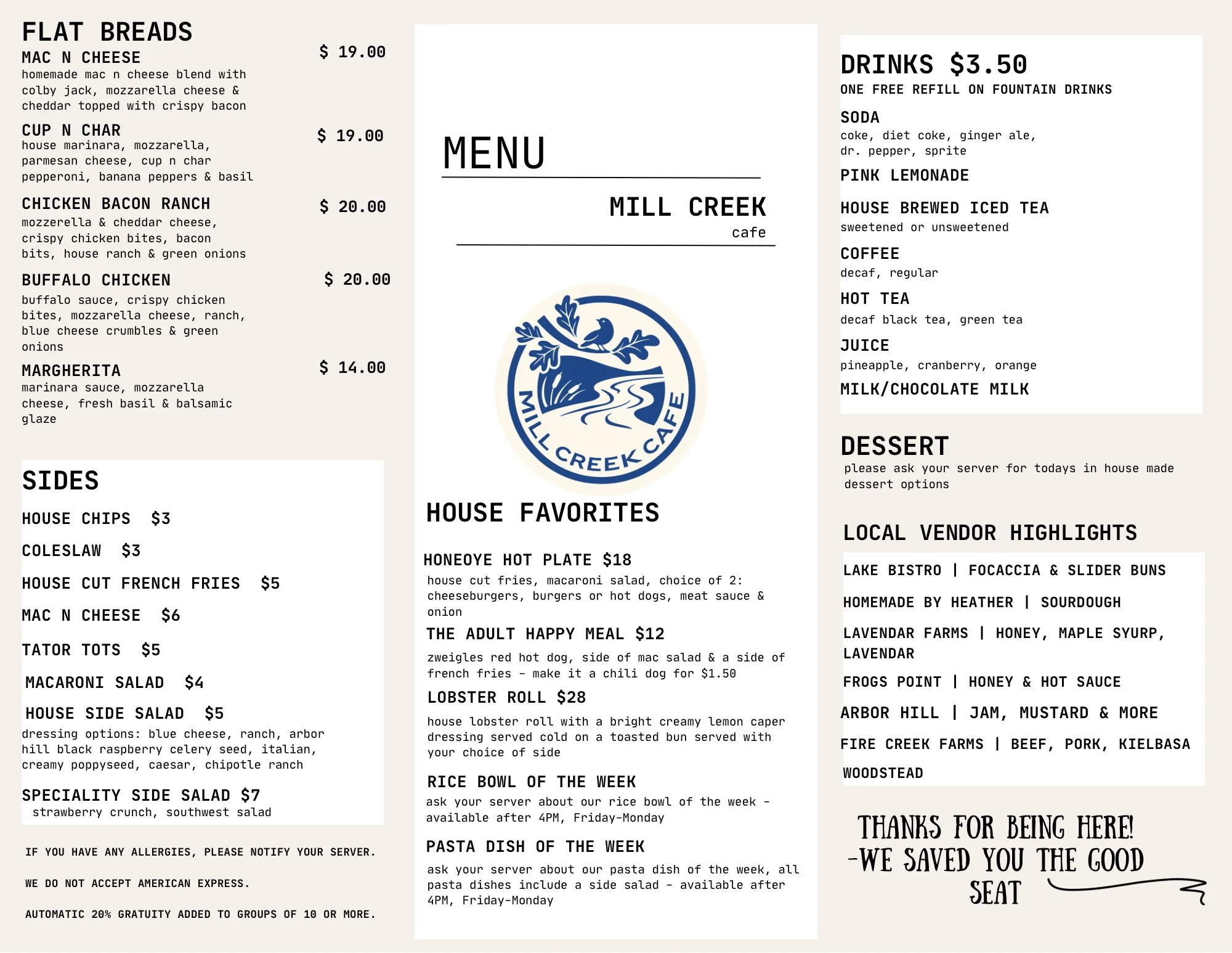 Restaurant menu featuring flatbreads, house favorites, drinks, sides, and desserts