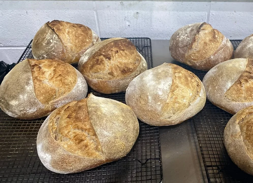 Freshly baked round loaves of bread cooling on a wire rack, showcasing a golden-brown crust.
