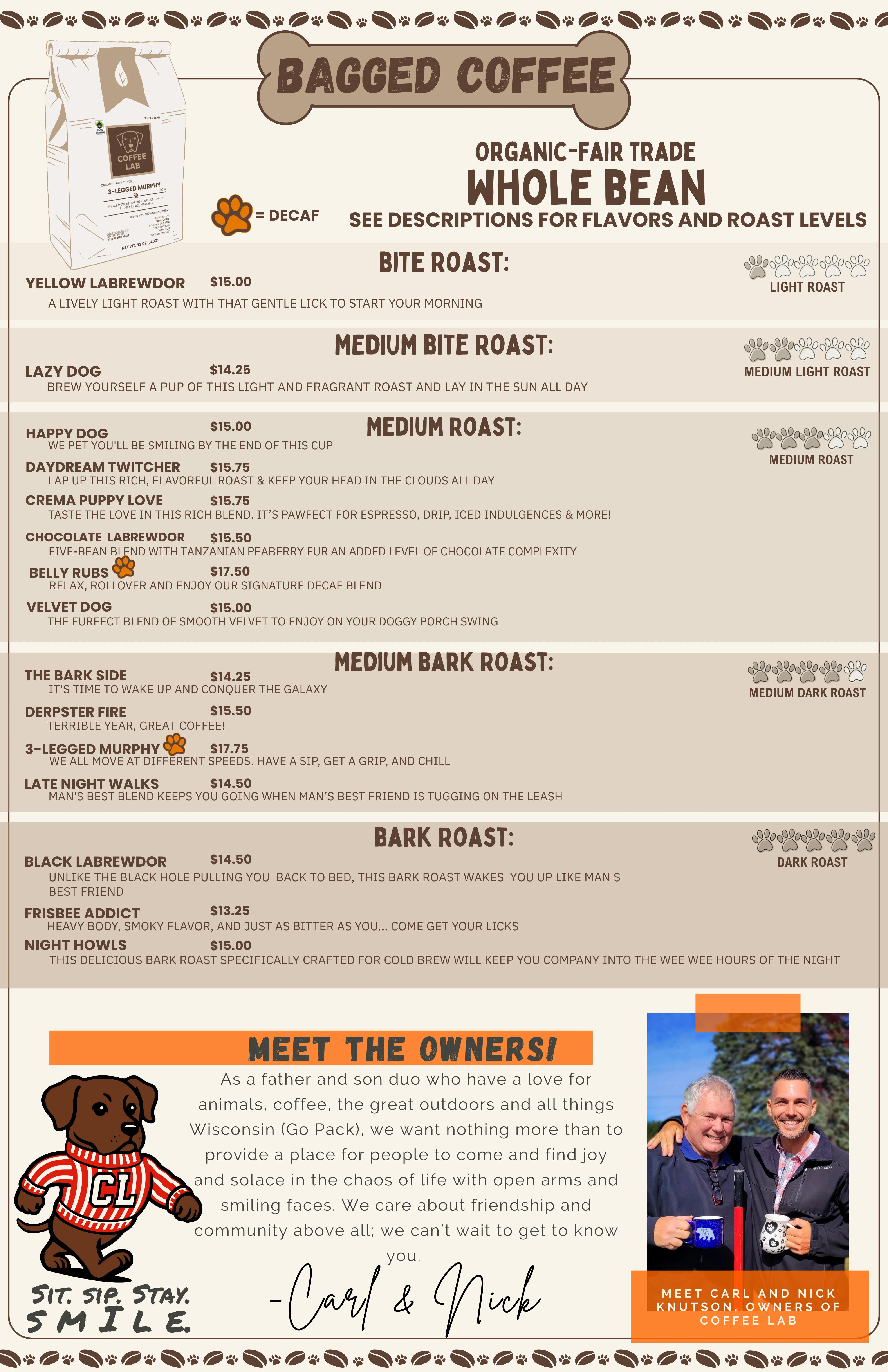 Coffee bag featuring organic fair trade whole bean varieties