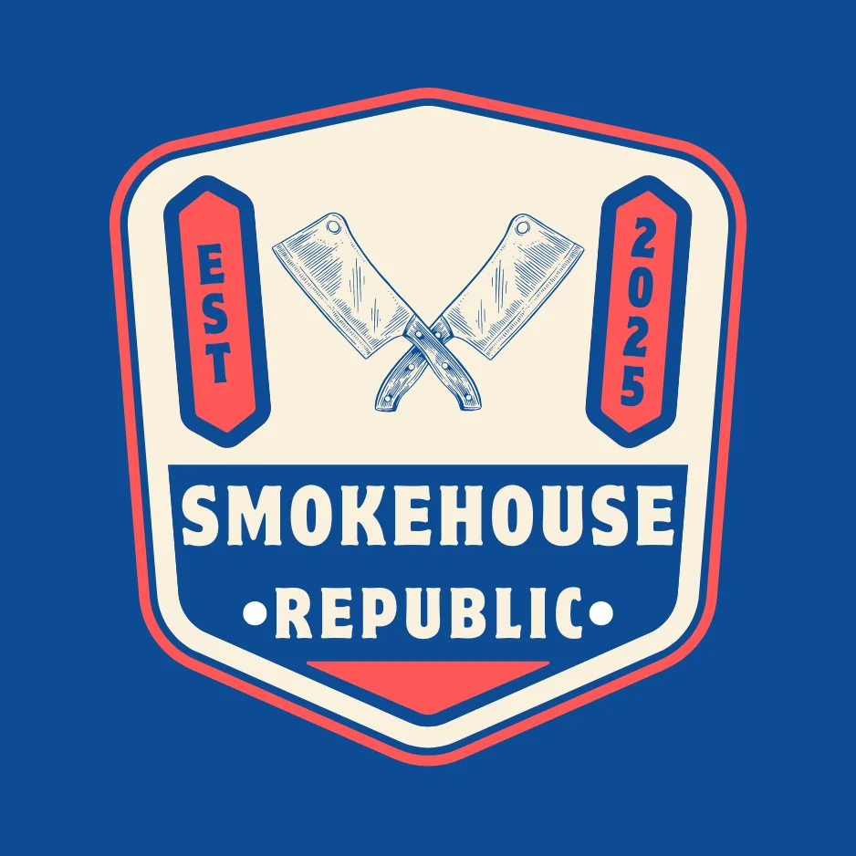 A graphic logo featuring crossed cleavers above the text 'Smokehouse Republic' and the establishment year '2025'. The design is framed by a badge-like shape with red, white, and blue colors.