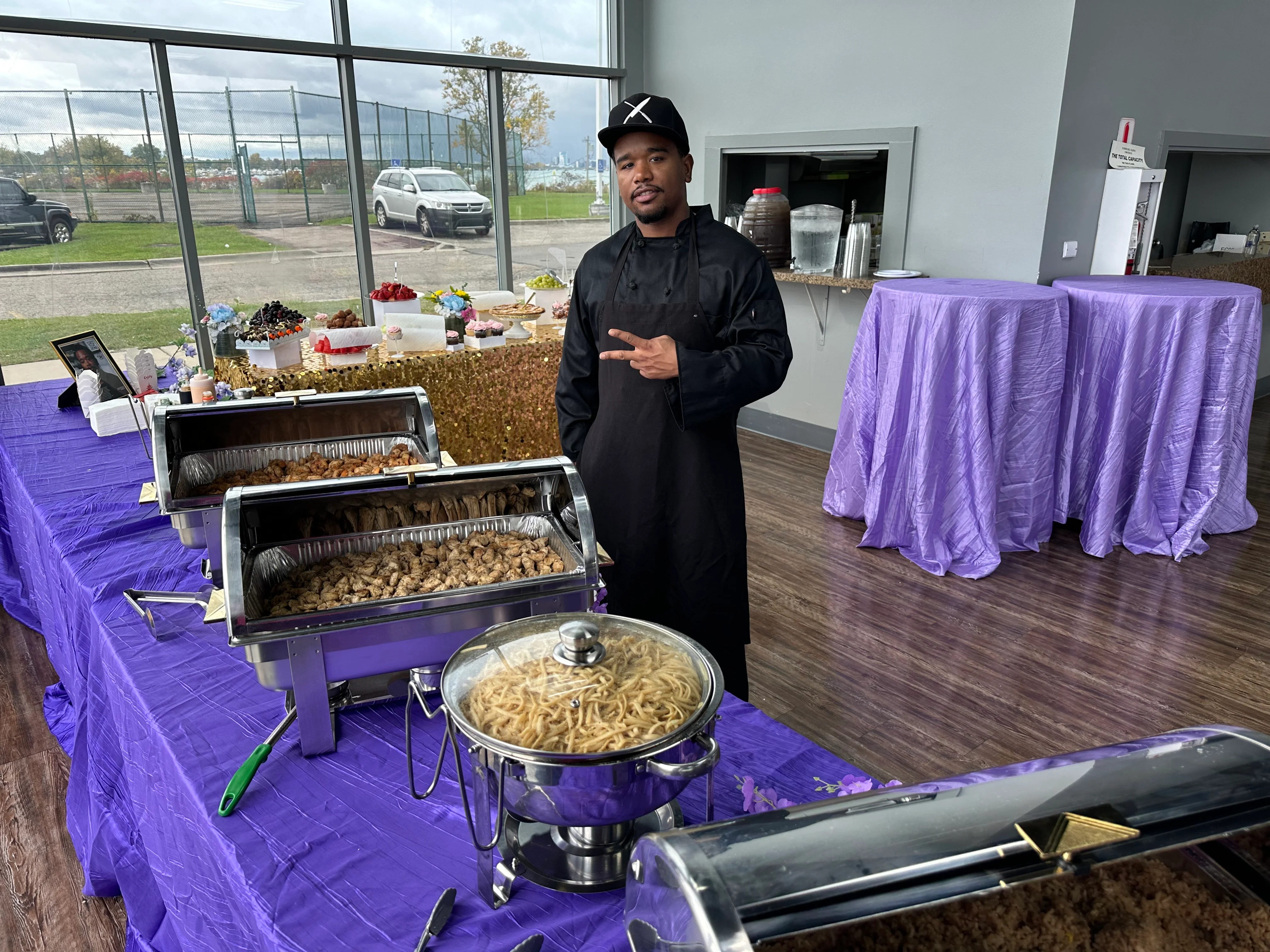 Catering setup with assorted dishes and elegant decor