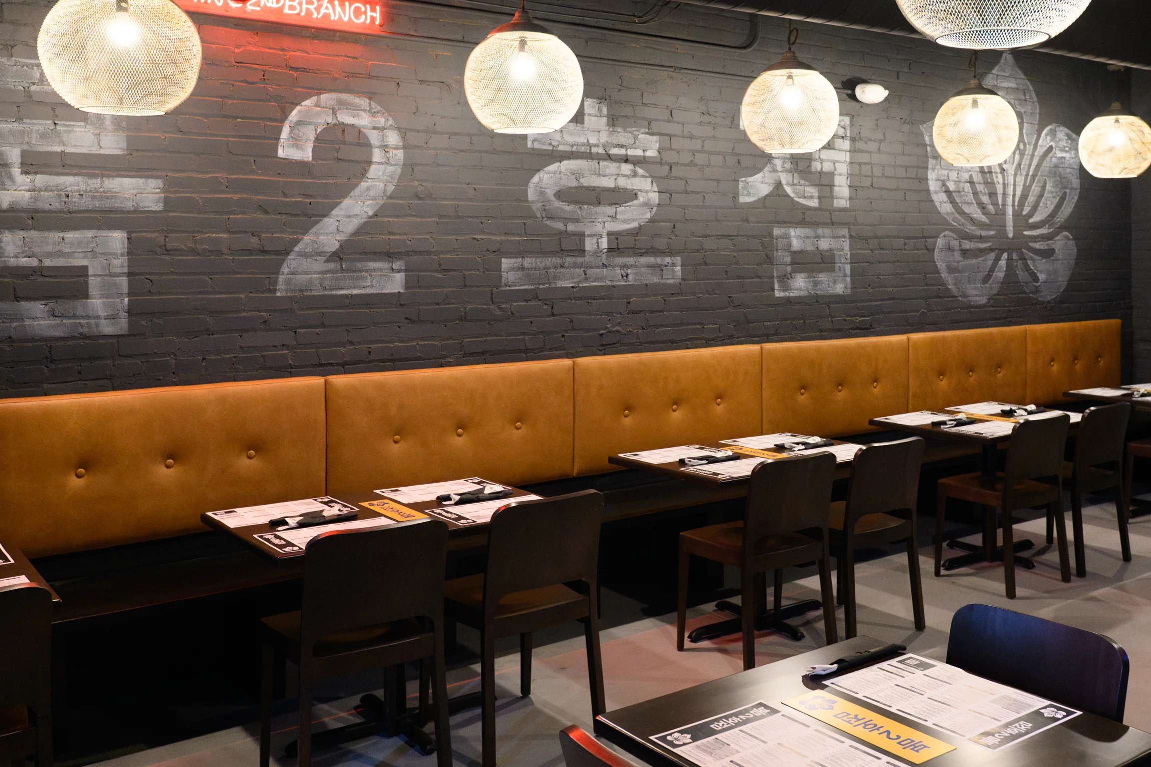 Cozy restaurant interior with warm lighting and modern decor