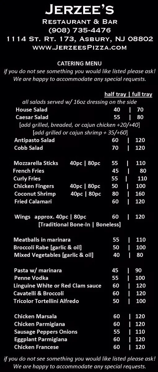 Catering menu from Jerzee's Restaurant & Bar featuring diverse Italian dishes