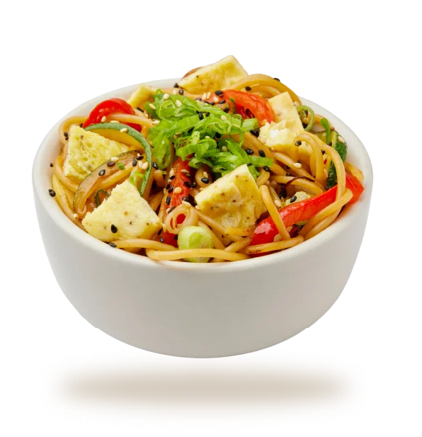 Colorful vegetable stir-fried noodles in a bowl