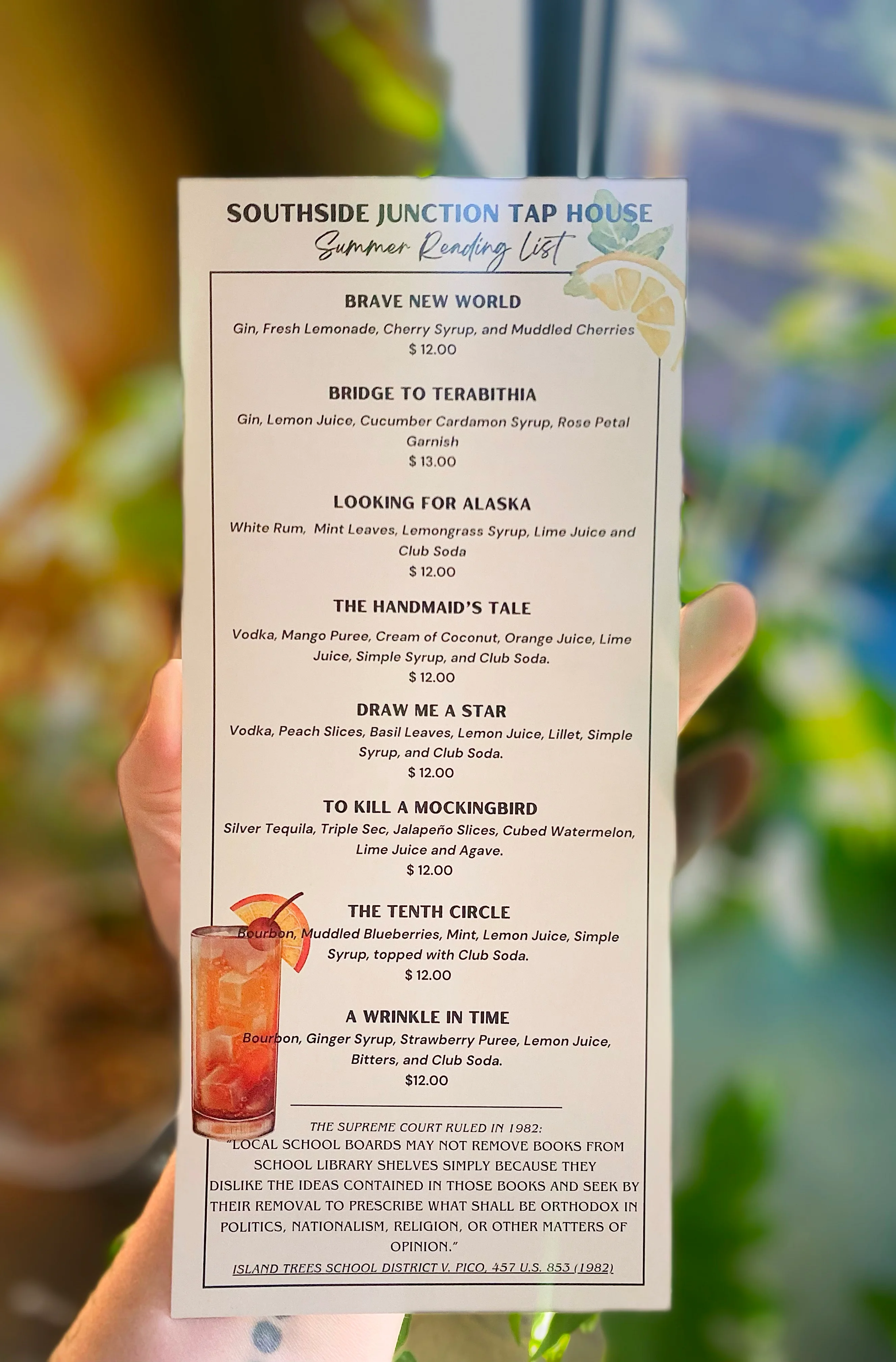 Cocktail menu featuring summer drinks at a tap house