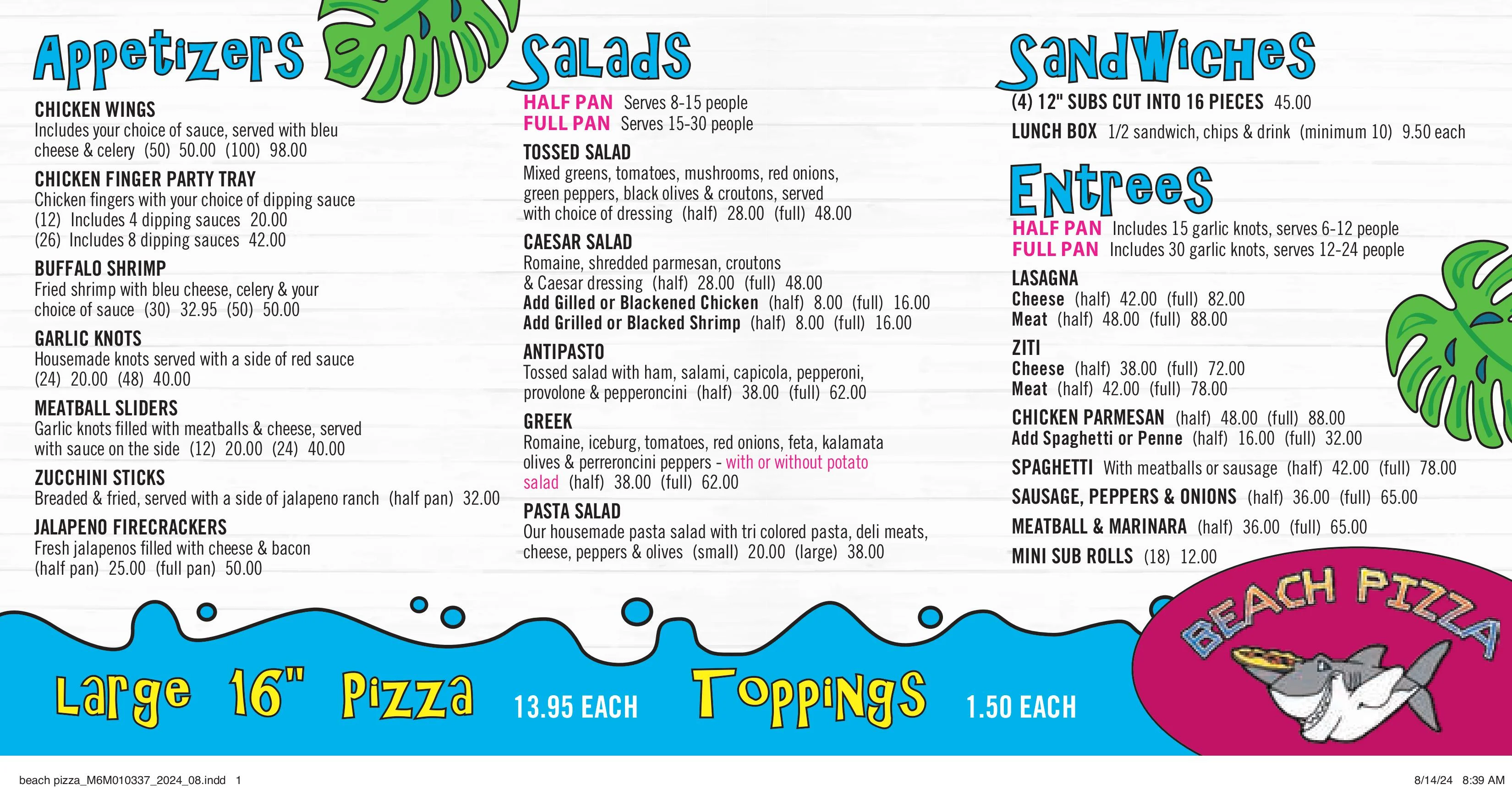 Diverse menu of Italian-American dishes at a beachside pizzeria