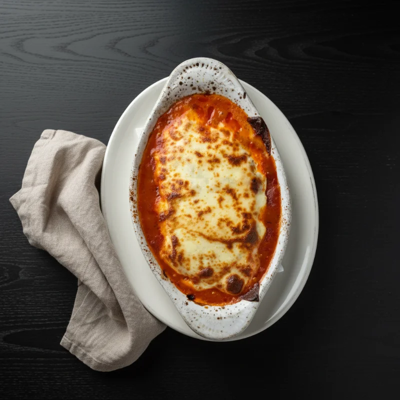 A baked pasta dish with melted cheese, served in a white dish on a black wooden surface, accompanied by a cloth napkin.