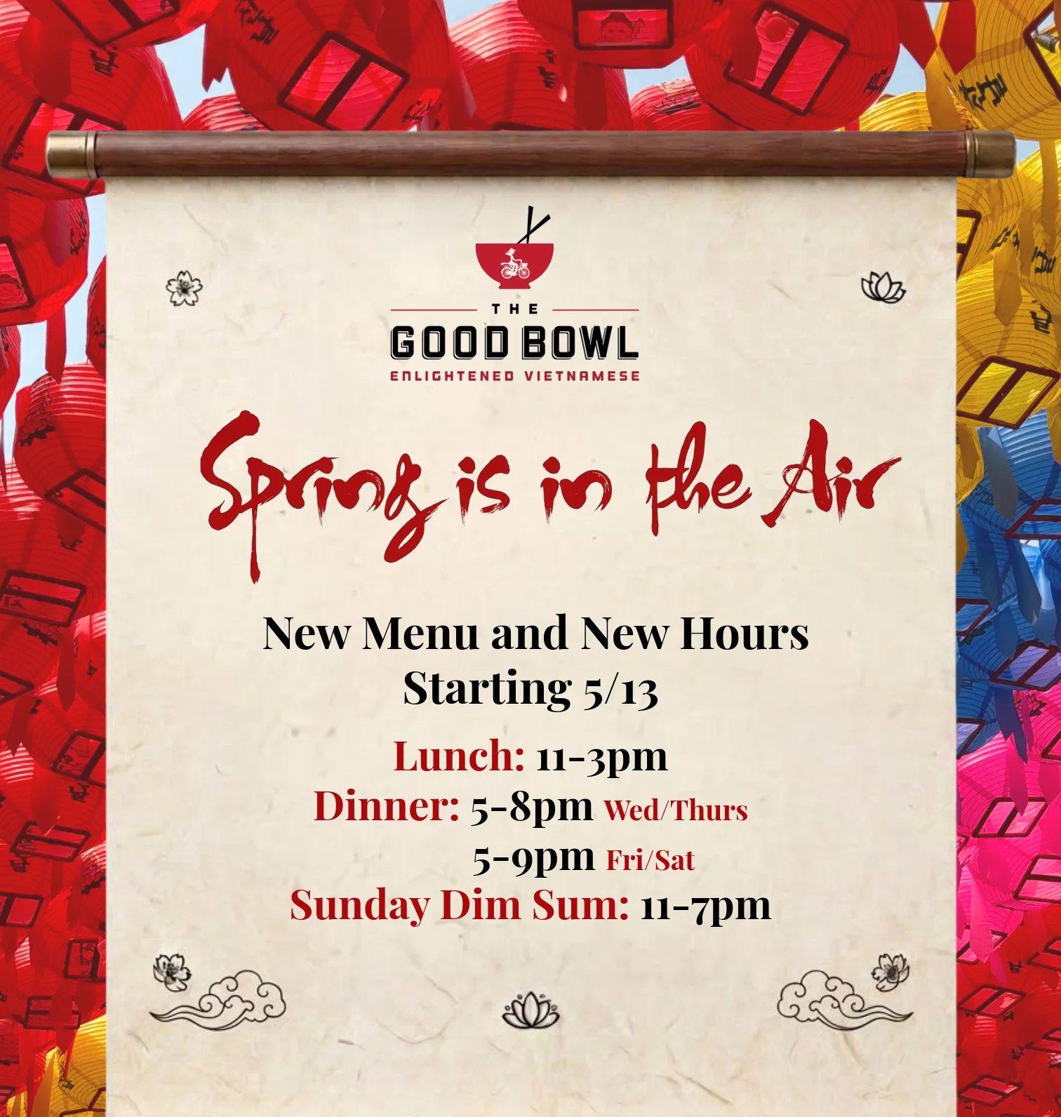 Promotional poster for The Good Bowl with new menu and hours details.
