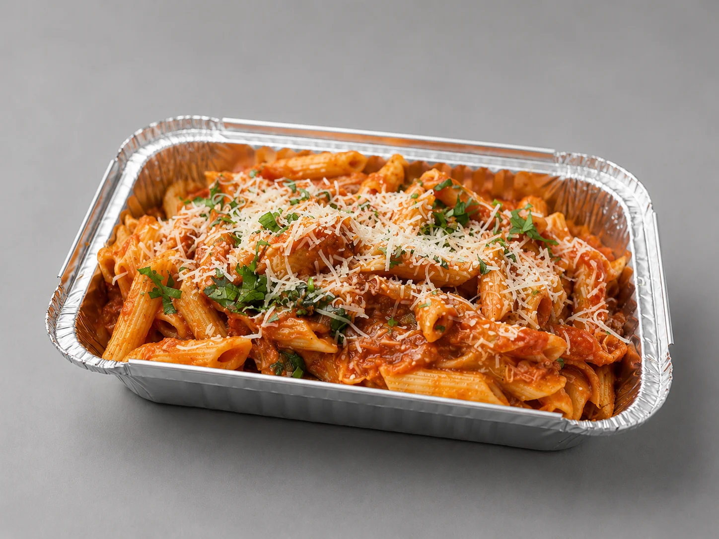 Penne arrabbiata topped with cheese and herbs in a takeout container