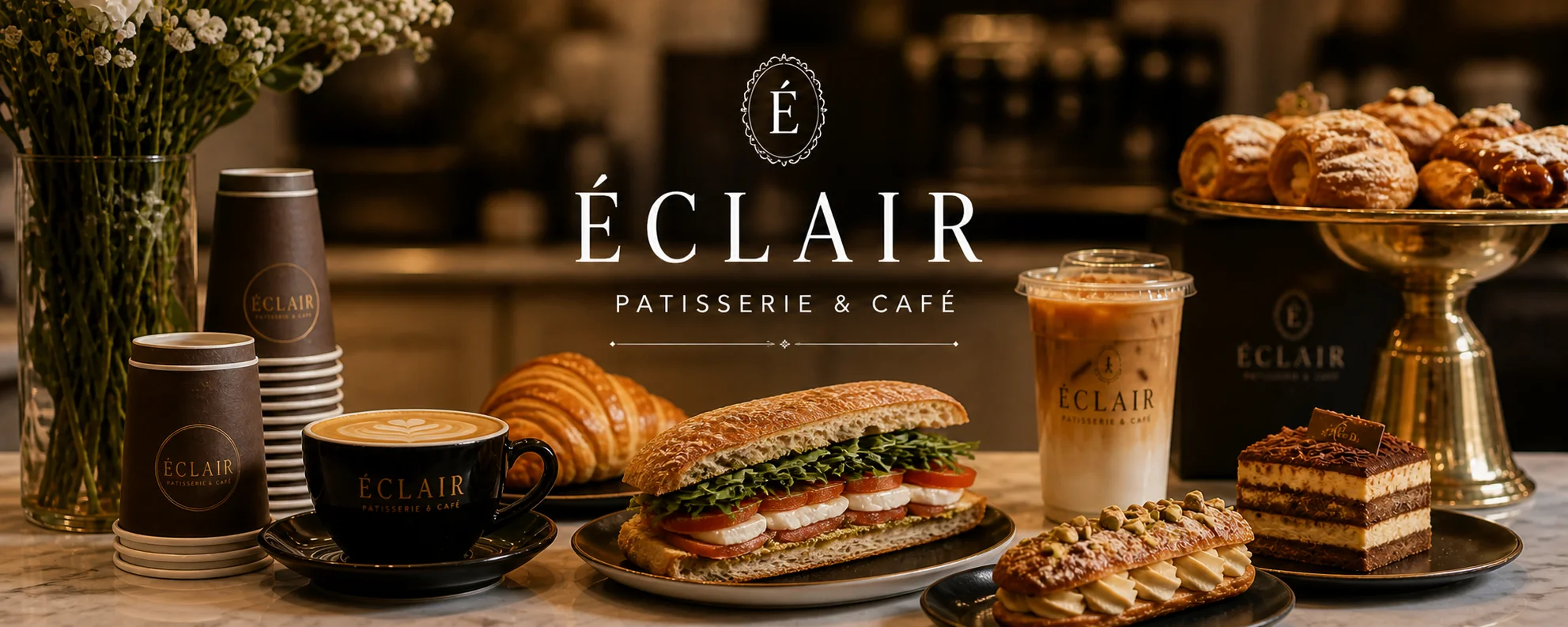 Elegant café display with pastries, coffee, and a sandwich at Éclair Patisserie.