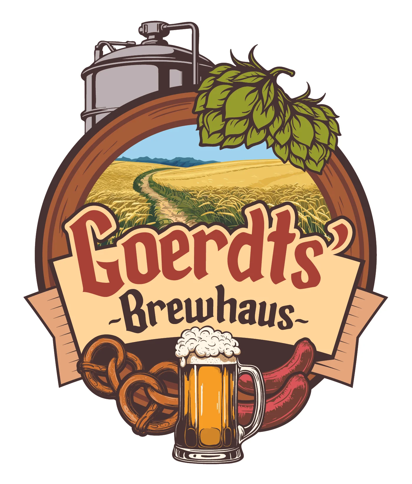 Logo of Goerdt's Brewhaus featuring beer and pretzels