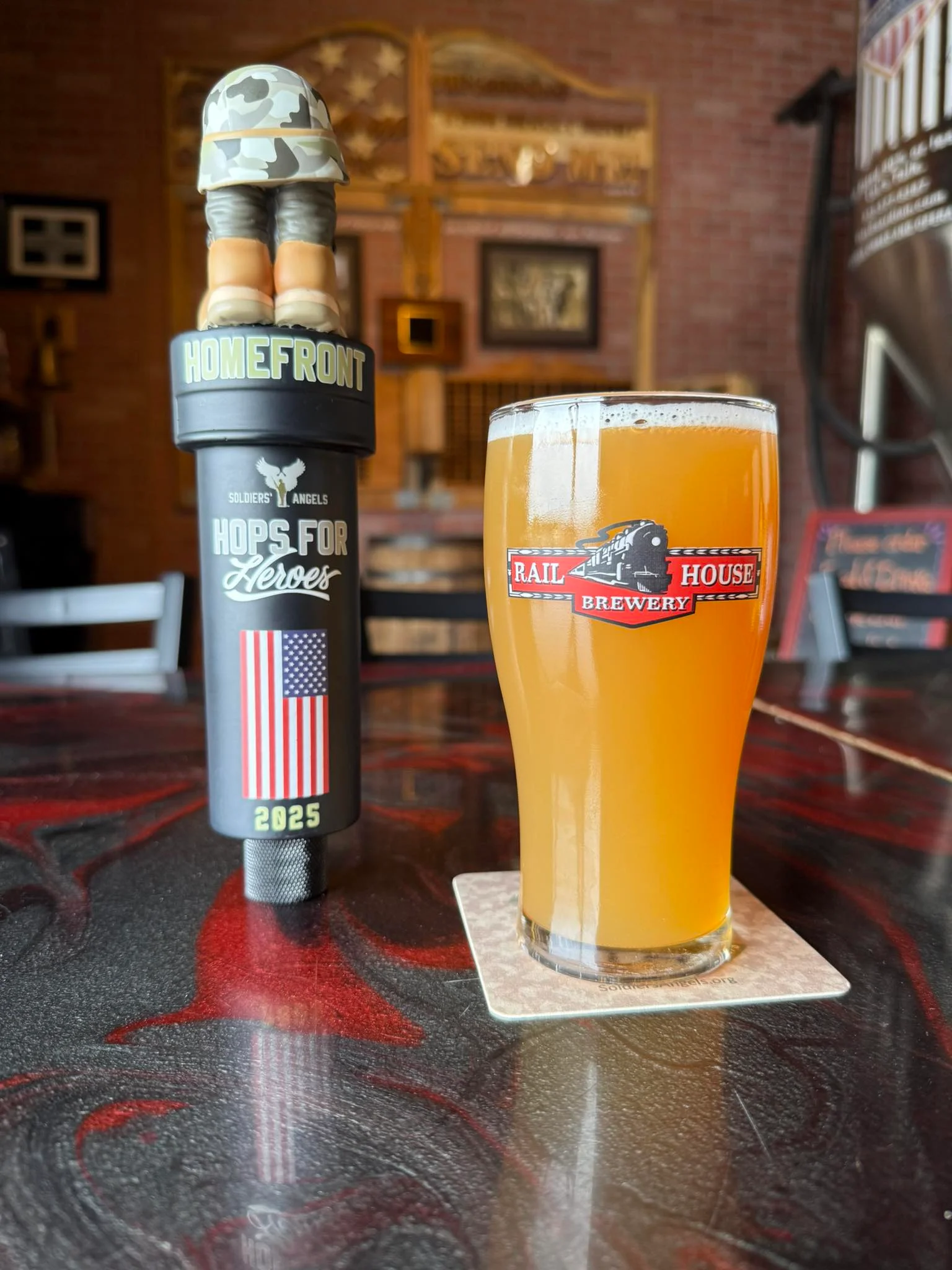 Craft beer served in a brewery with unique tap handle