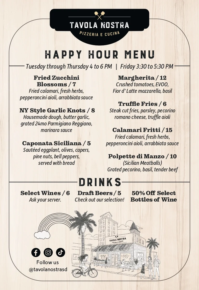 Happy hour menu from Tavola Nostra featuring food and drink options.