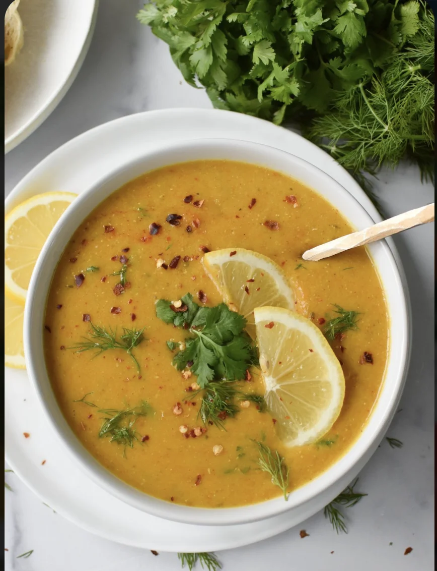 A warm bowl of soup garnished with lemon slices and fresh herbs, rich in color and served alongside greens.