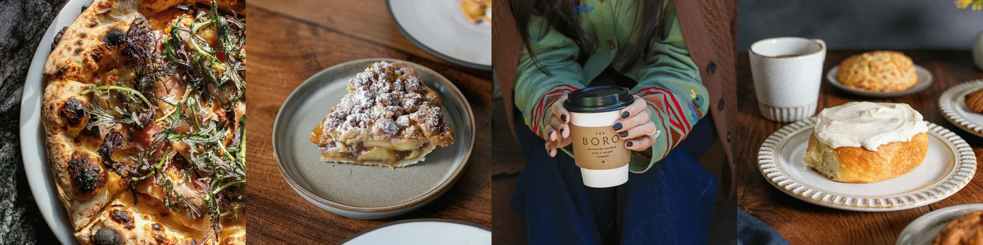 Restaurant collage featuring wood-fired pizza, pastries, coffee, and frosted cake
