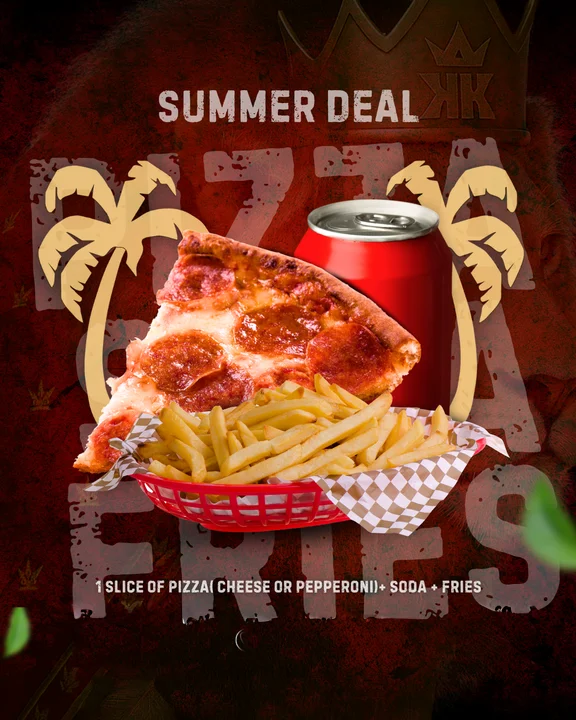Summer pizza deal with slice, fries, and soda