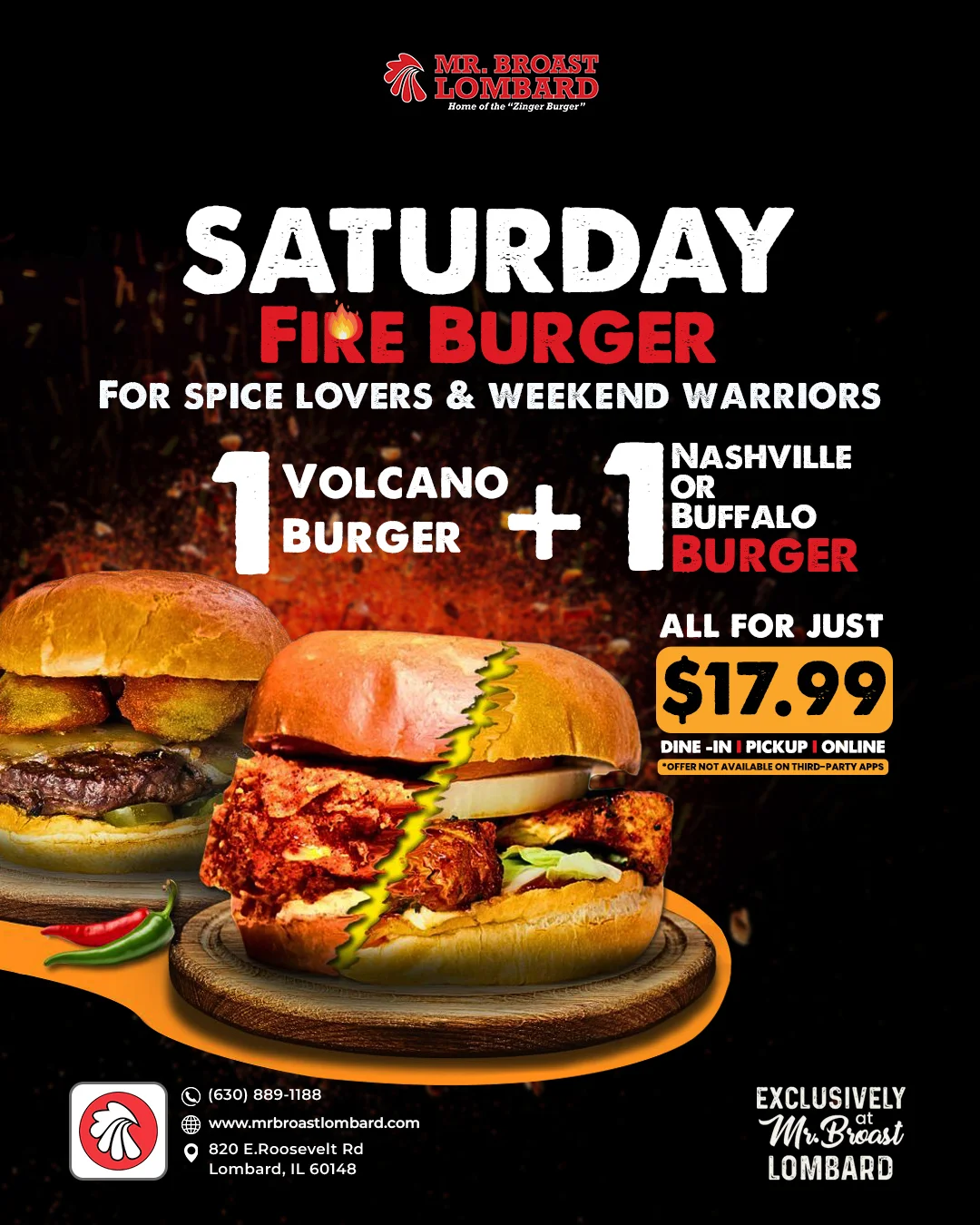 Promotional image for Saturday Fire Burger deal with two spicy burgers.
