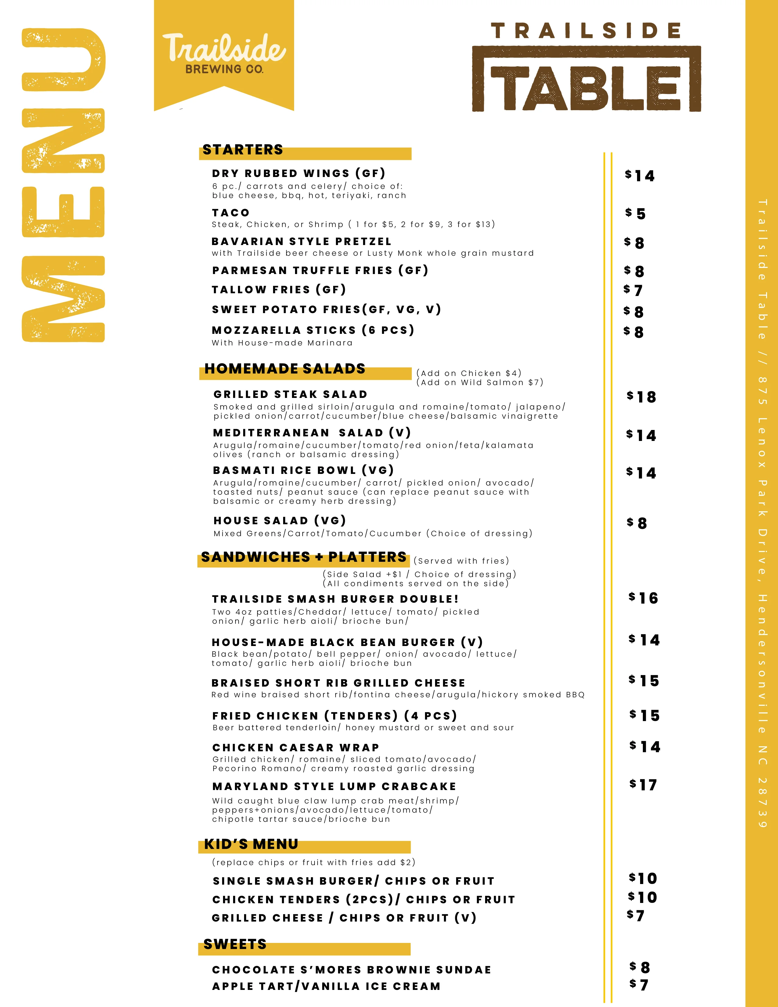 Restaurant menu featuring a variety of dishes and beverages.