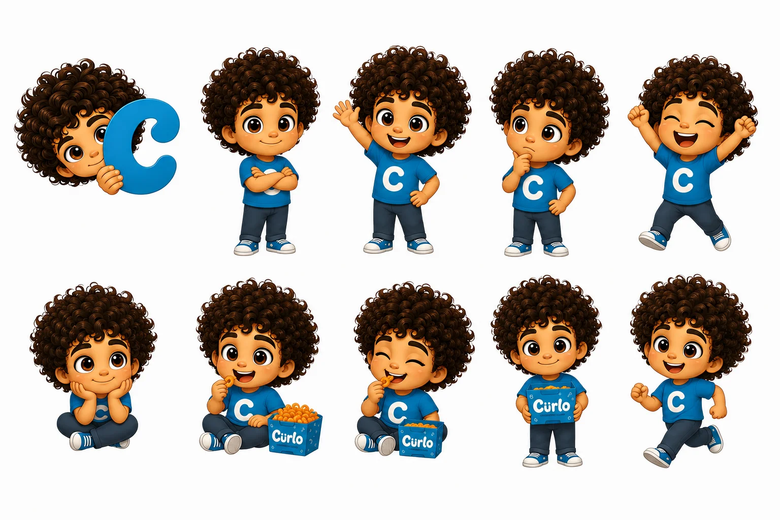 A collection of cartoon-style characters showcasing different expressions and poses. Each character wears a blue shirt with the letter 'C' on it.