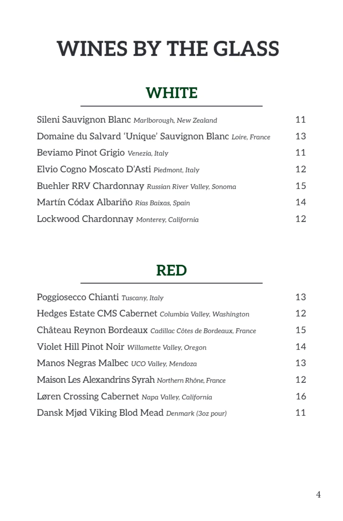 Bar menu page featuring various drink options and prices.