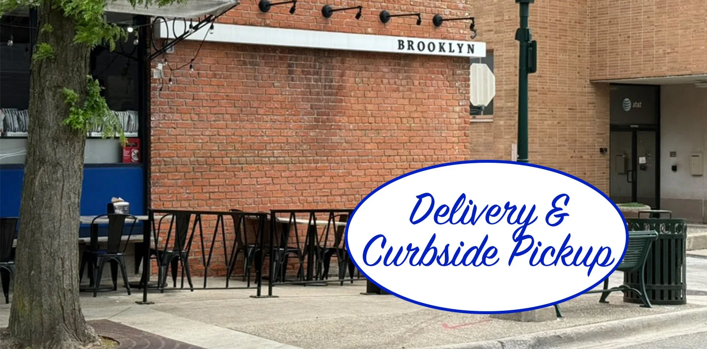 Delivery & Curbside Pickup sign overlayed on image of Brooklyn Pizza building where customers park for curbside pickup