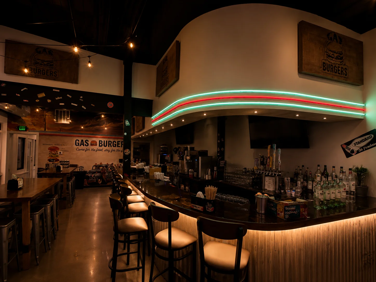 Stylish restaurant bar with modern decor and vibrant lighting