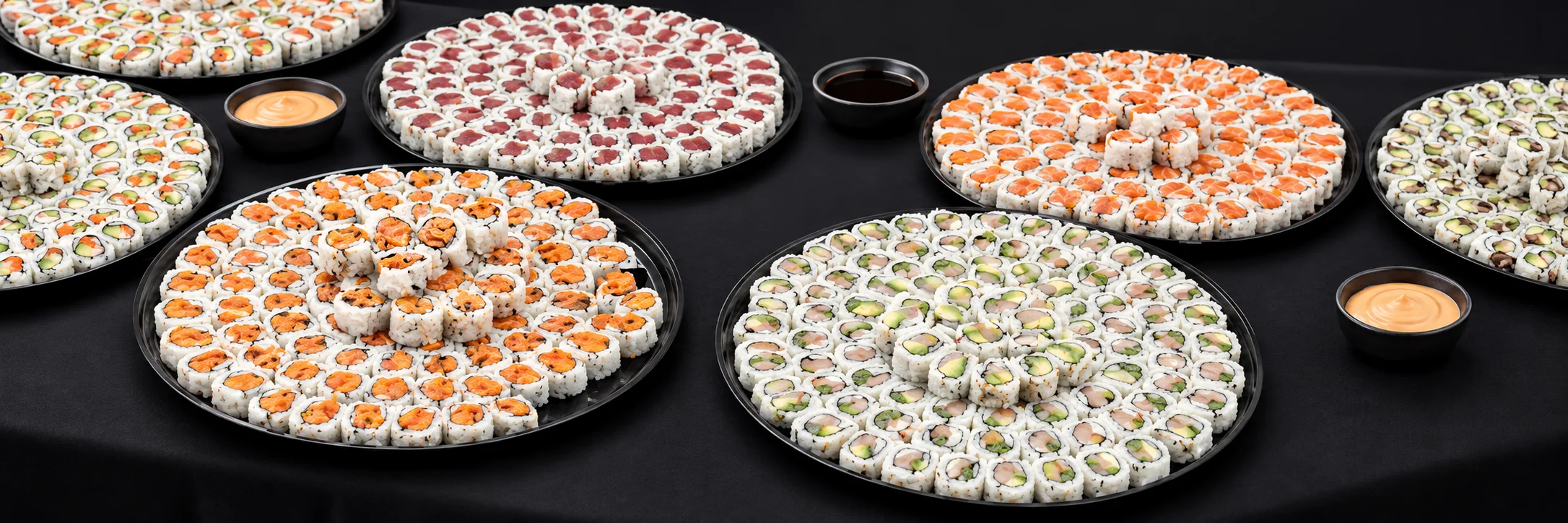 Assorted sushi platters showcasing Japanese cuisine at a buffet