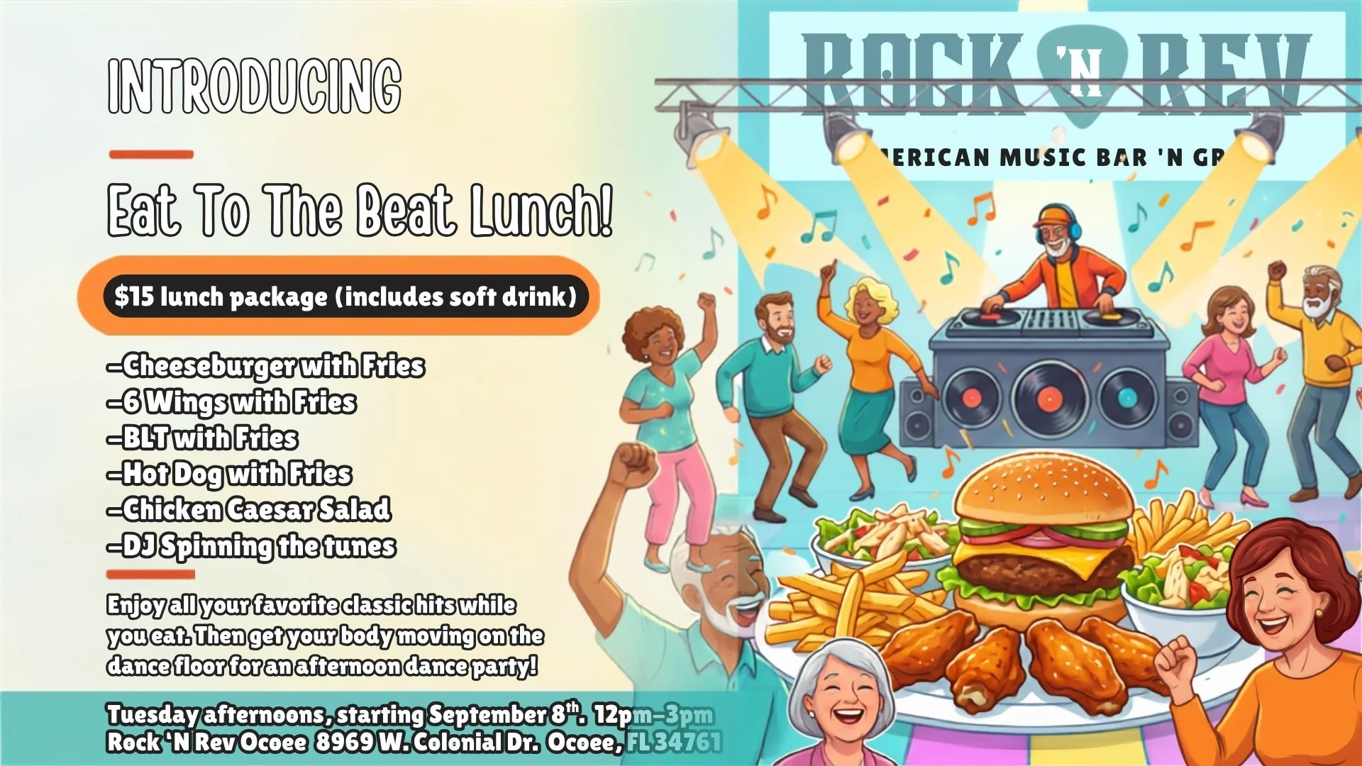 Restaurant promotional flyer for lunch specials with burgers, fries, wings, and dancing