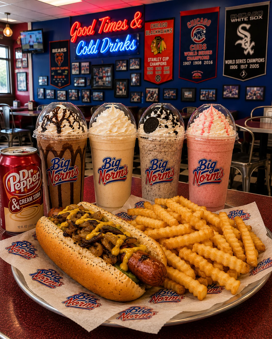 Chicago-style hot dog with crinkle-cut fries and milkshakes