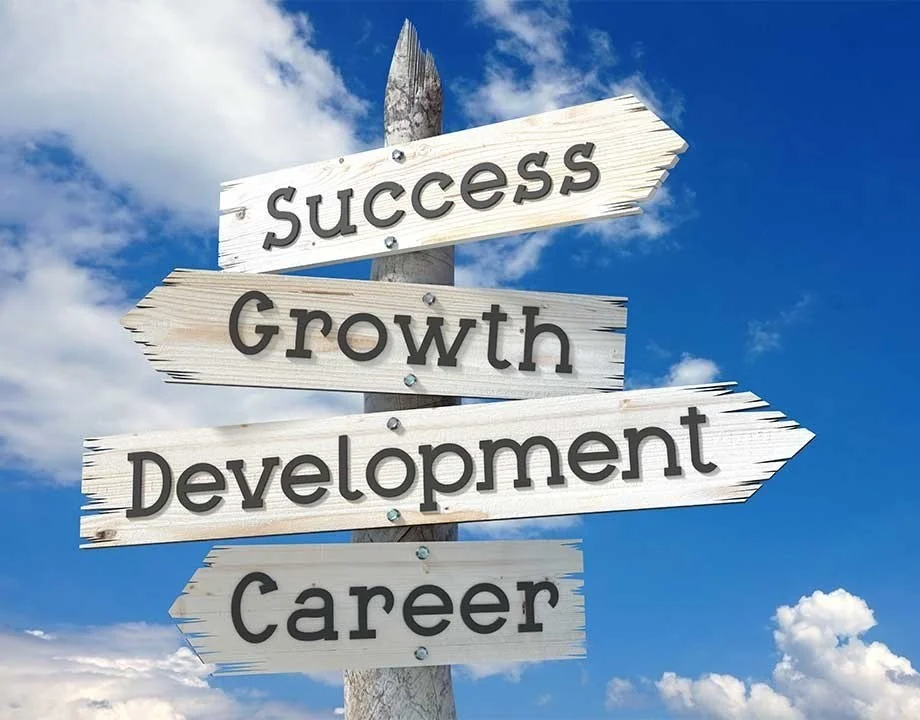 Wooden signpost with directions to success, growth, development, and career
