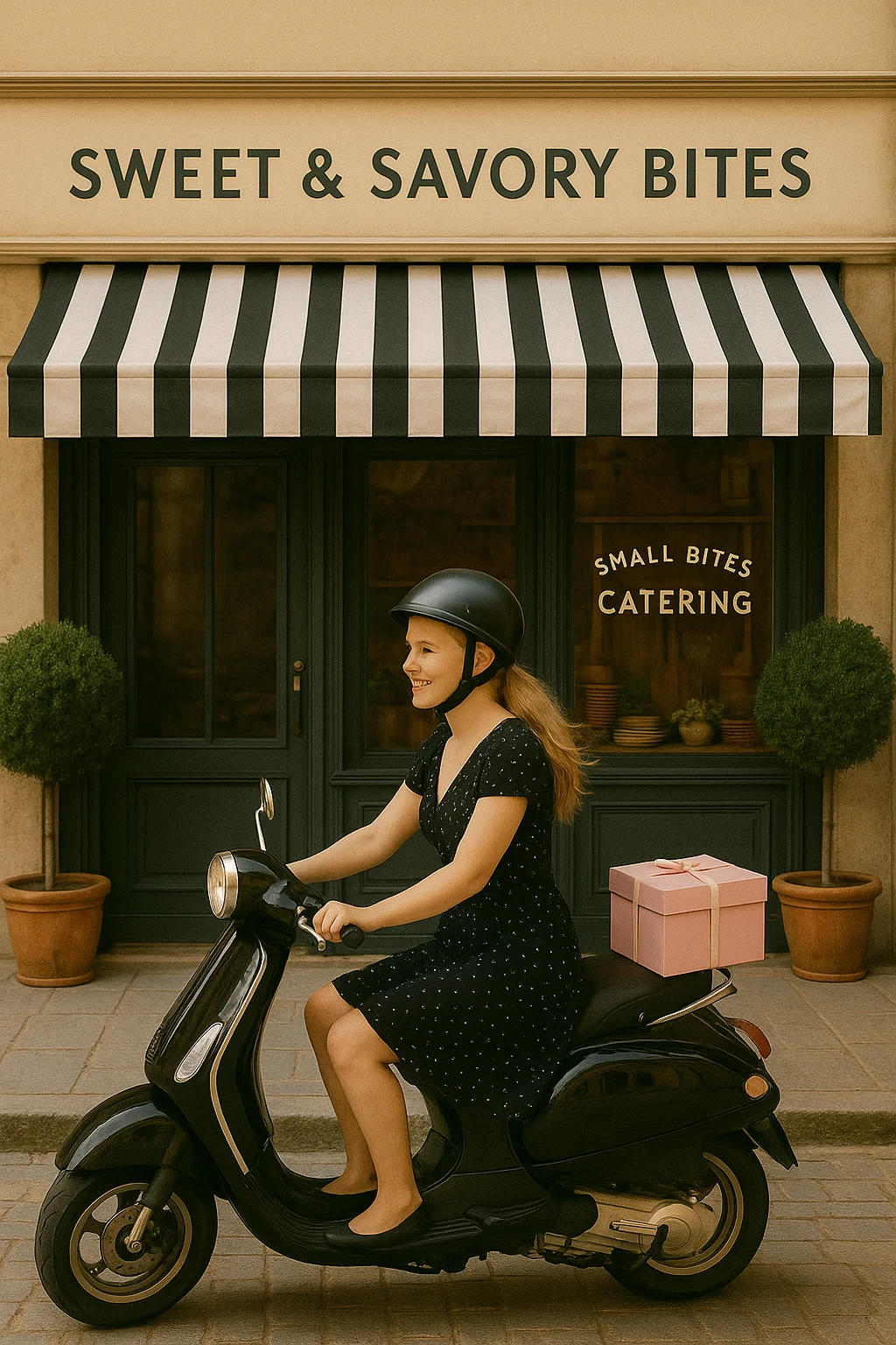 Woman on a scooter in front of a catering shop with a gift box.