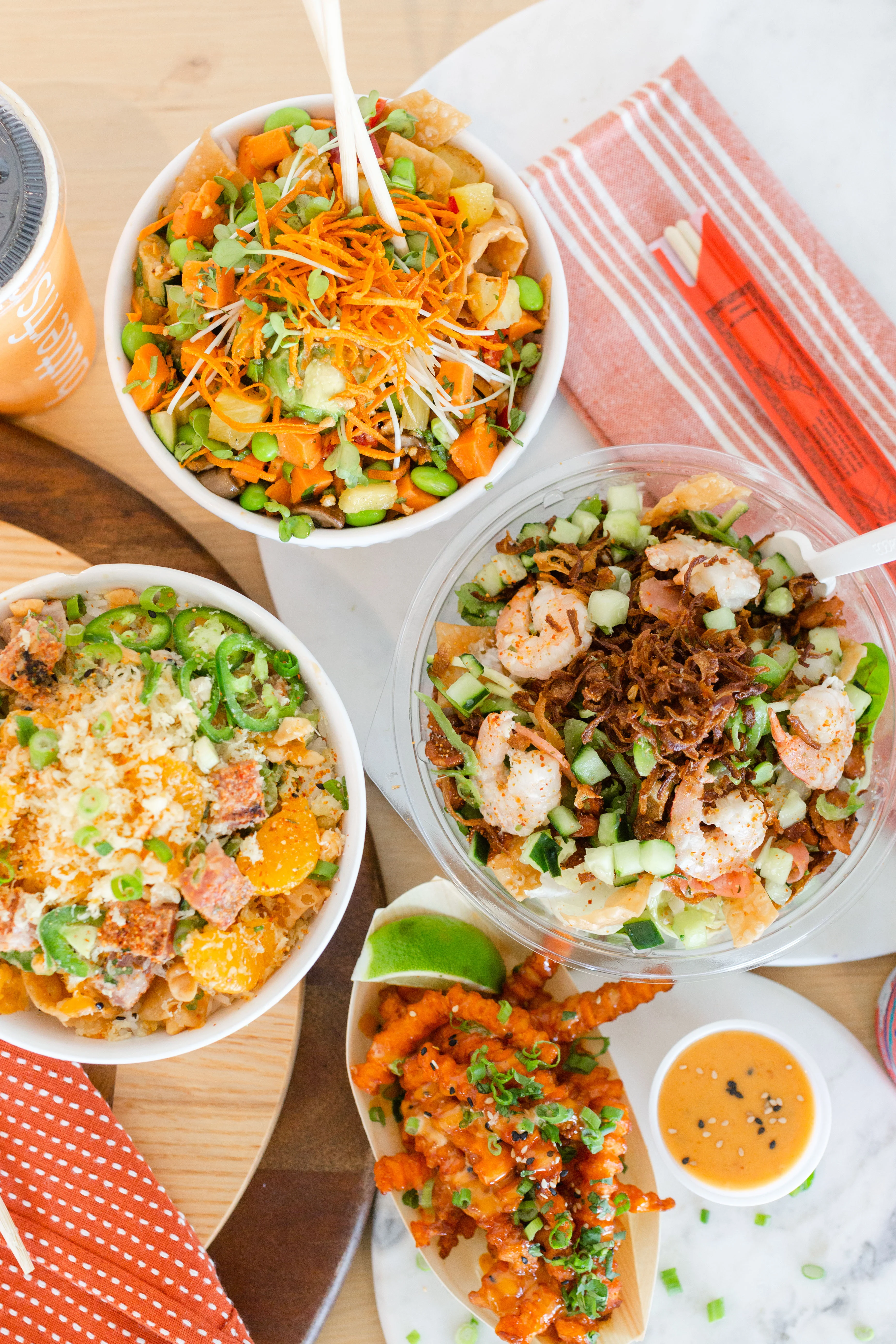 Asian-inspired rice bowls with shrimp and vegetables