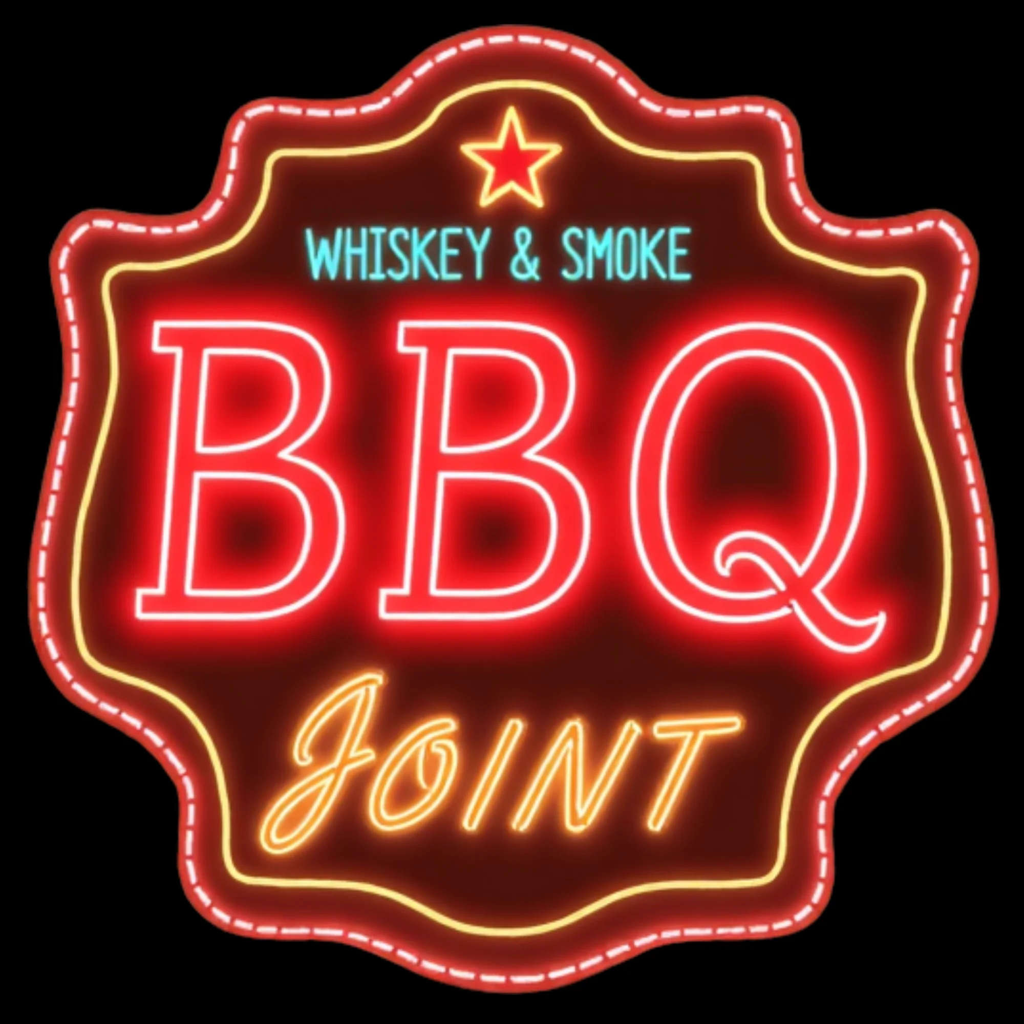 Neon sign for a BBQ joint featuring whiskey and smoke